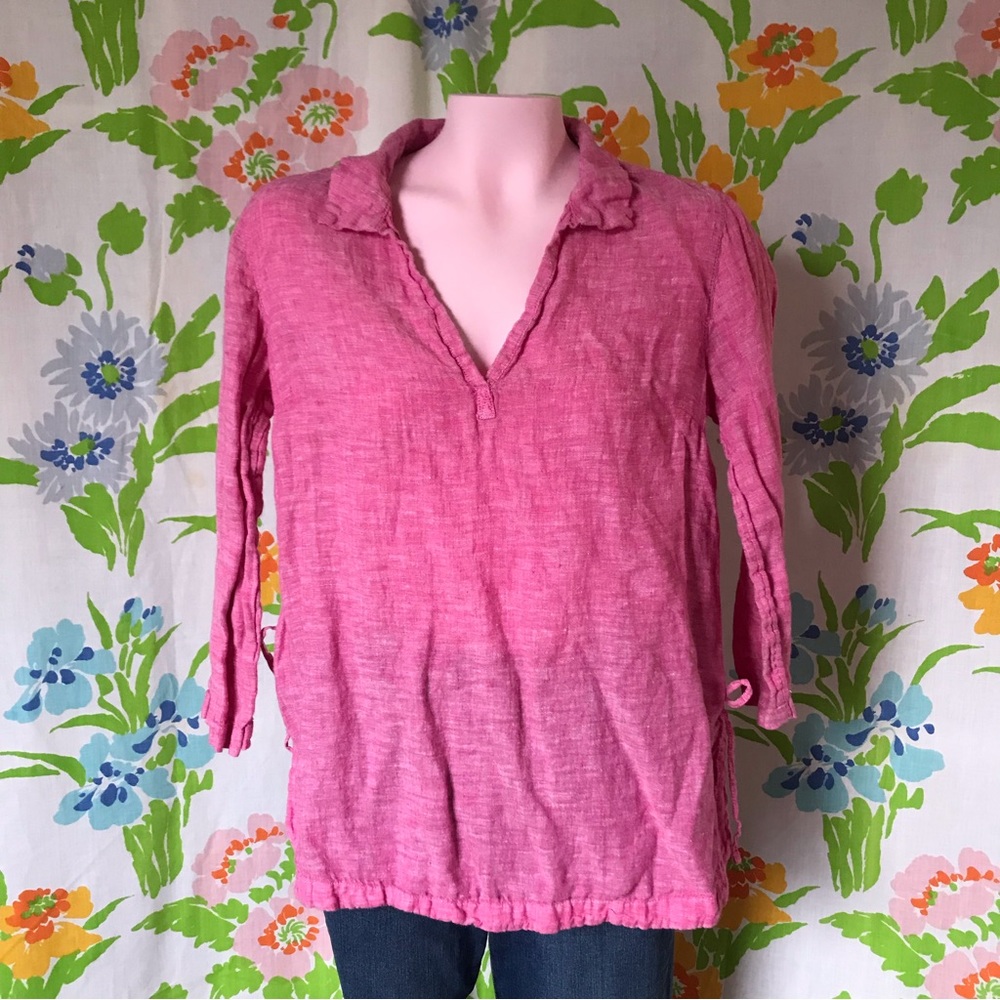 Isaac Mizrahi 100% Linen Bright Pink Pullover Tunic Blouse Popover 3/4 Sleeves M